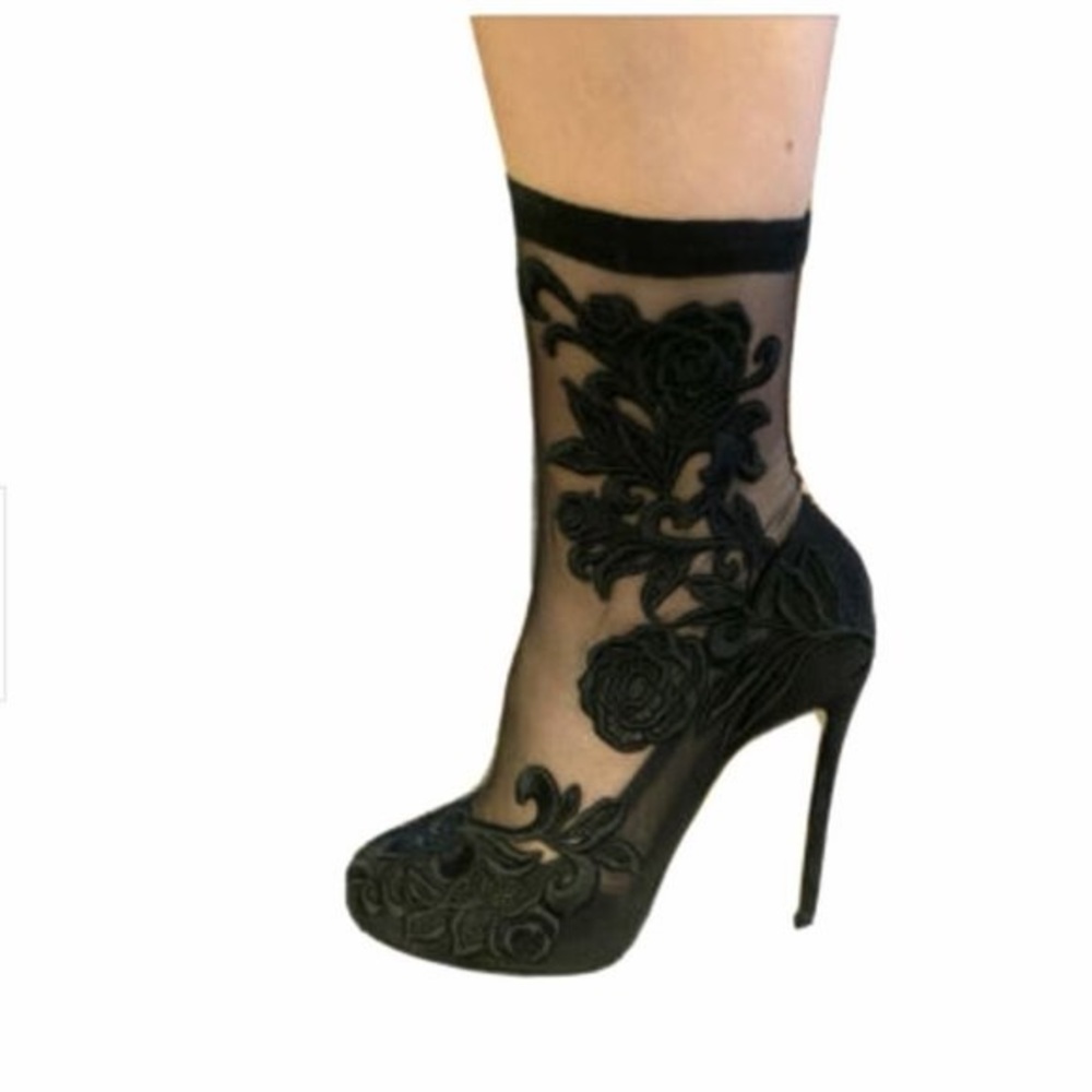Dolce & Gabbana
Black Roses Stilettos Booties Socks Shoes Size 38